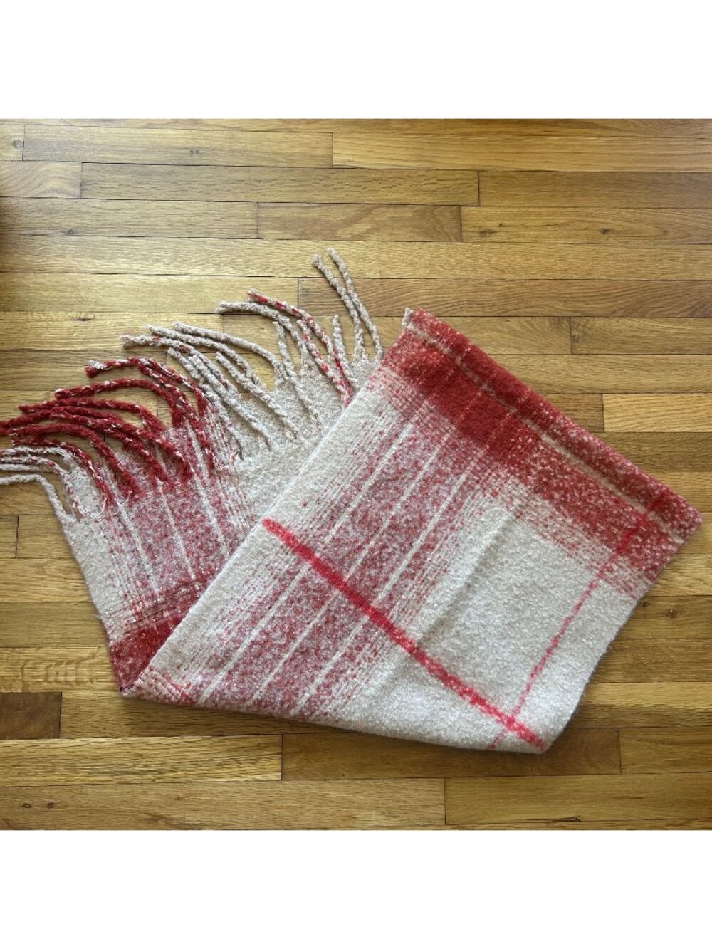 Plaid Beige & Red Fringed Blanket Scarf Fall